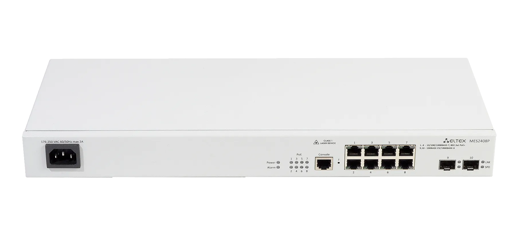 Ethernet-коммутатор MES2408CP, 8xPoE/PoE+ (1G) + 2xCombo (RJ45/SFP), L2, 220V AC